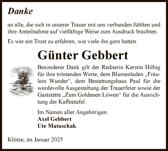 Traueranzeige von Günter Gebbert von UEL