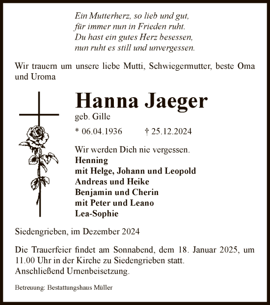 Traueranzeige von Hanna Jaeger von UEL