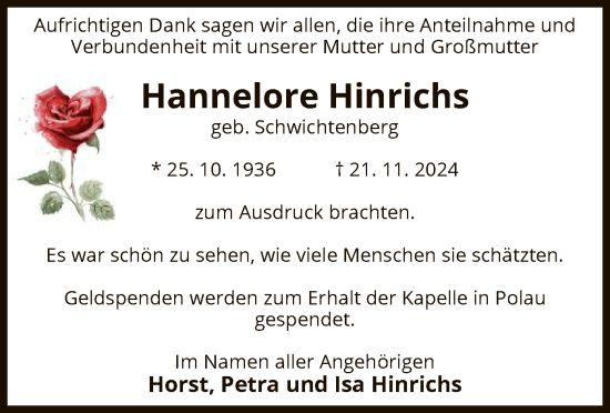 Traueranzeige von Hannelore Hinrichs von UEL