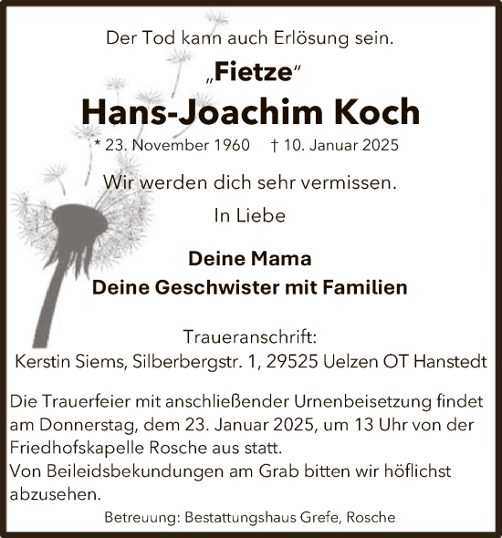 Traueranzeige von Hans-Joachim Koch von UEL