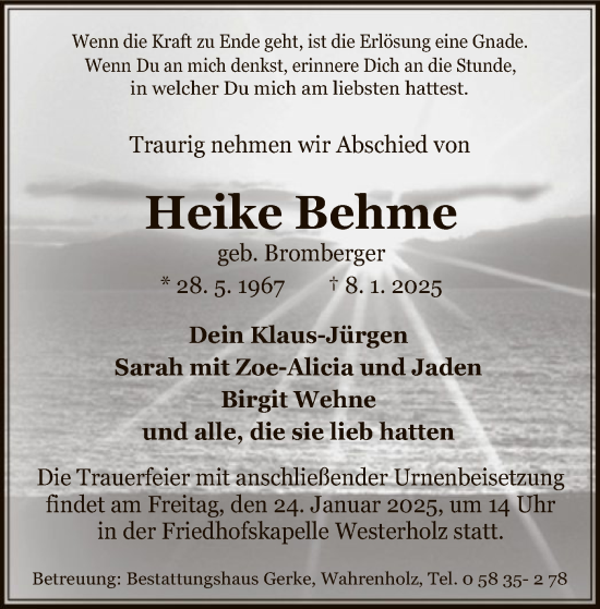 Traueranzeige von Heike Behme von UEL