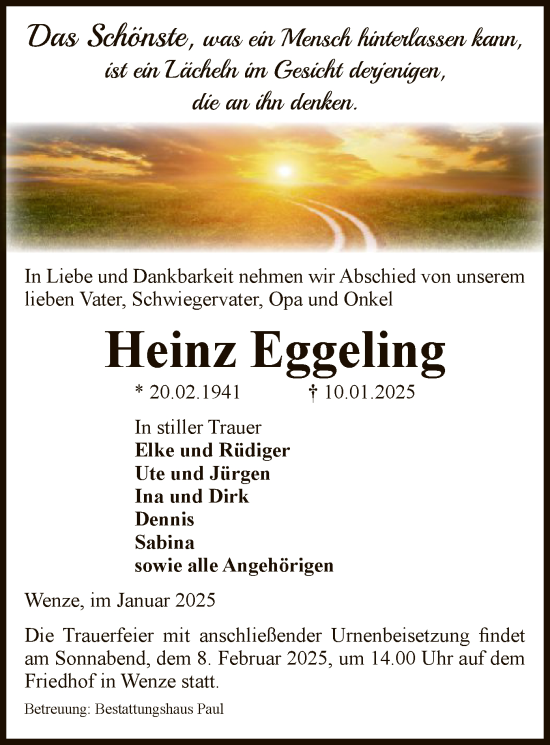 Traueranzeige von Heinz Eggeling von UEL