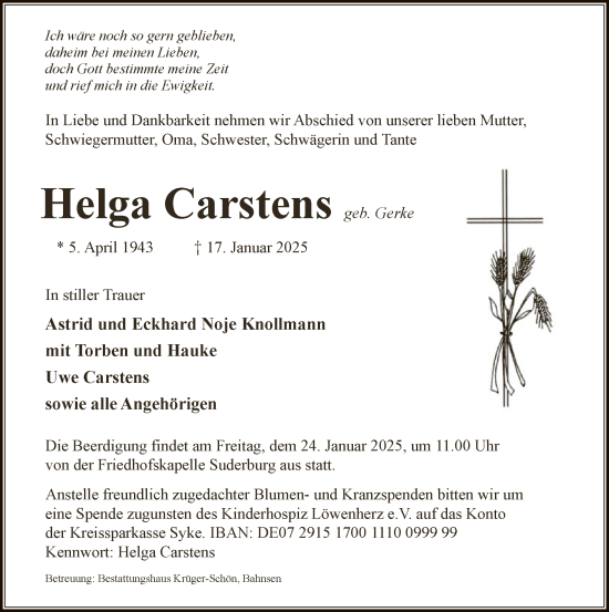 Traueranzeige von Helga Carstens von UEL