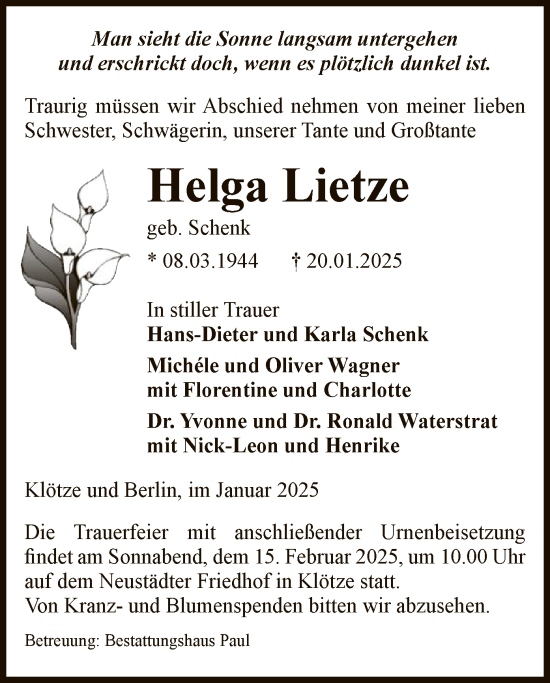 Traueranzeige von Helga Lietze von UEL