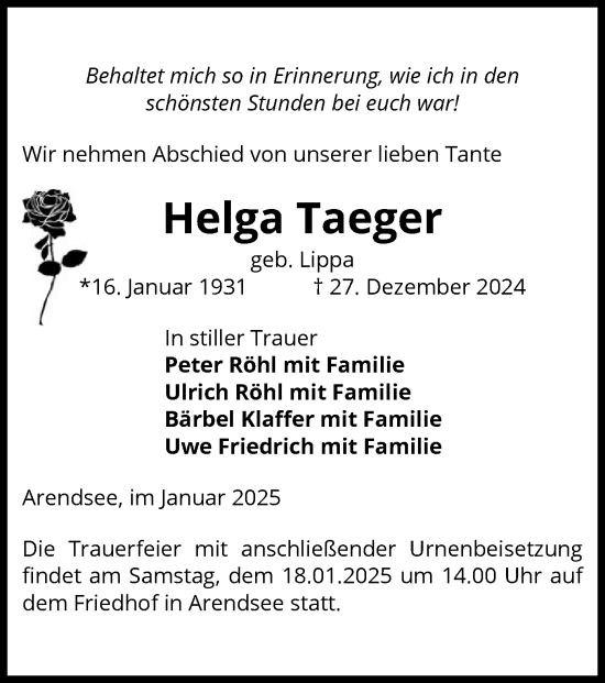 Traueranzeige von Helga Taeger von UEL