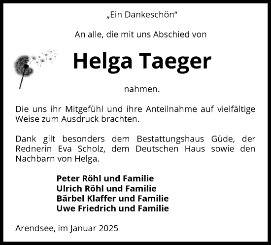 Traueranzeige von Helga Taeger von UEL