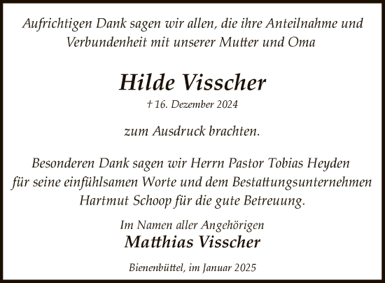 Traueranzeige von Hilde Visscher von UEL