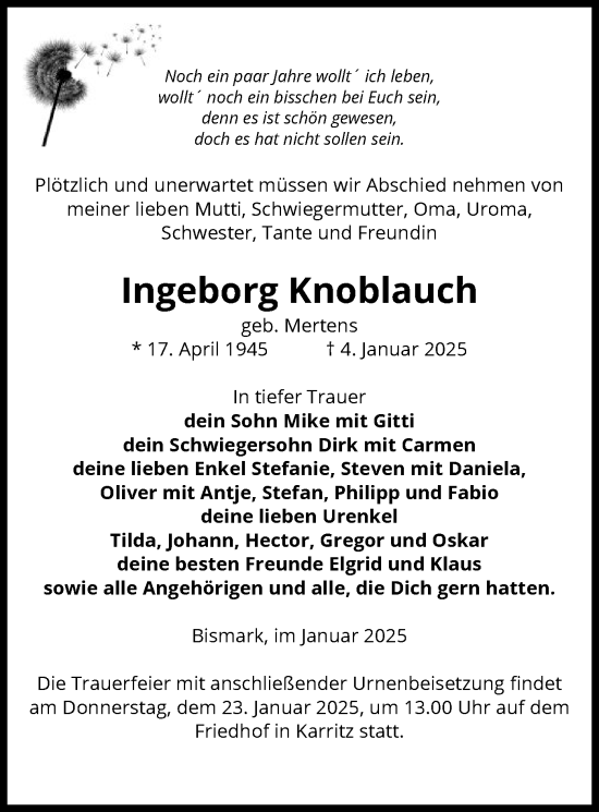 Traueranzeige von Ingeborg Knoblauch von UEL