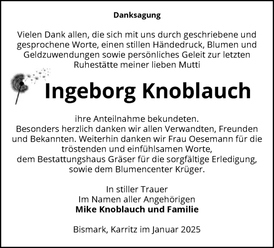 Traueranzeige von Ingeborg Knoblauch von UEL