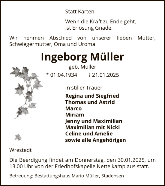Traueranzeige von Ingeborg Müller von UEL