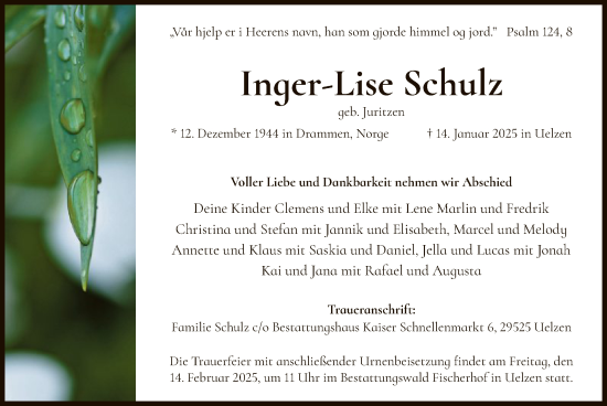 Traueranzeige von Inger-Lise Schulz von UEL