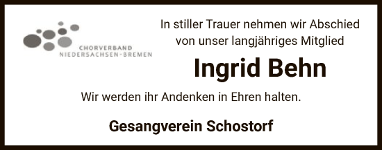 Traueranzeige von Ingrid Behn von UEL