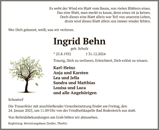 Traueranzeige von Ingrid Behn von UEL