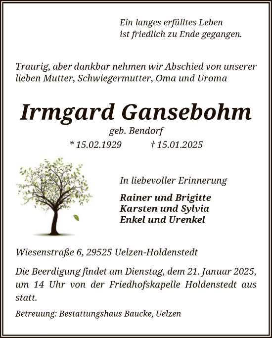 Traueranzeige von Irmgard Gansebohm von UEL