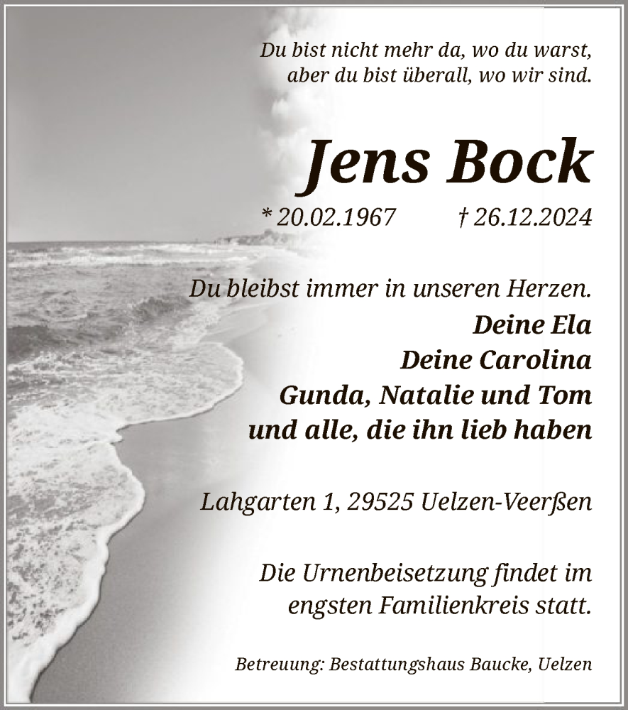  Traueranzeige für Jens Bock vom 04.01.2025 aus UEL