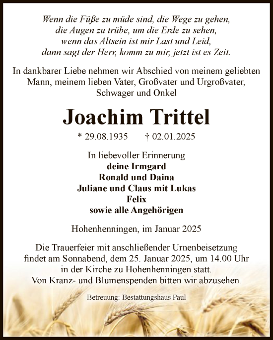 Traueranzeige von Joachim Trittel von UEL
