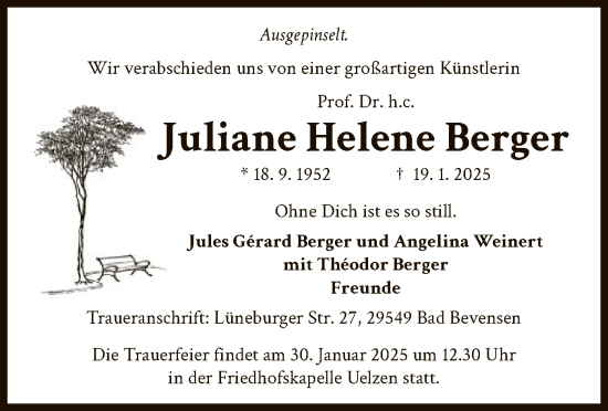 Traueranzeige von Juliane Helene Berger von UEL
