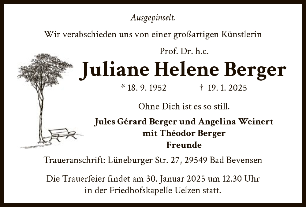  Traueranzeige für Juliane Helene Berger vom 25.01.2025 aus UEL
