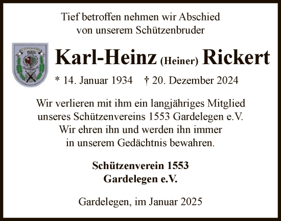 Traueranzeige von Karl-Heinz Rickert von UEL
