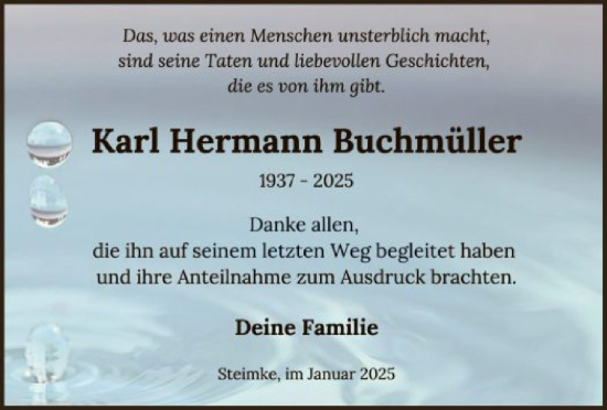 Traueranzeige von Karl Hermann Buchmüller von UEL