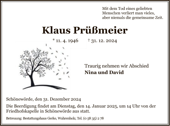 Traueranzeige von Klaus Prüßmeier von UEL