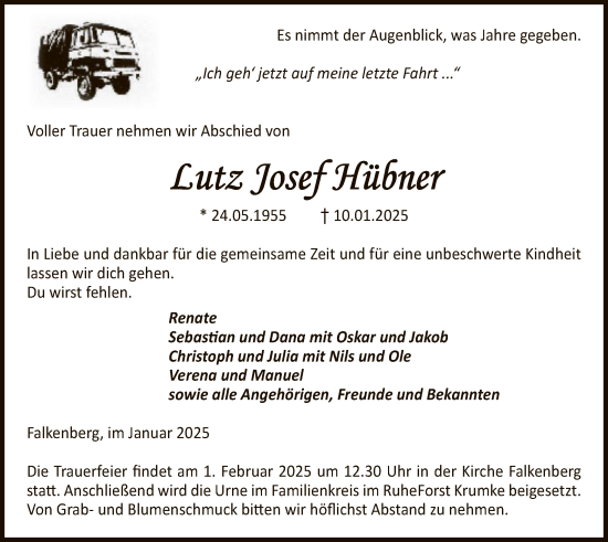 Traueranzeige von Lutz Josef Hübner von UEL