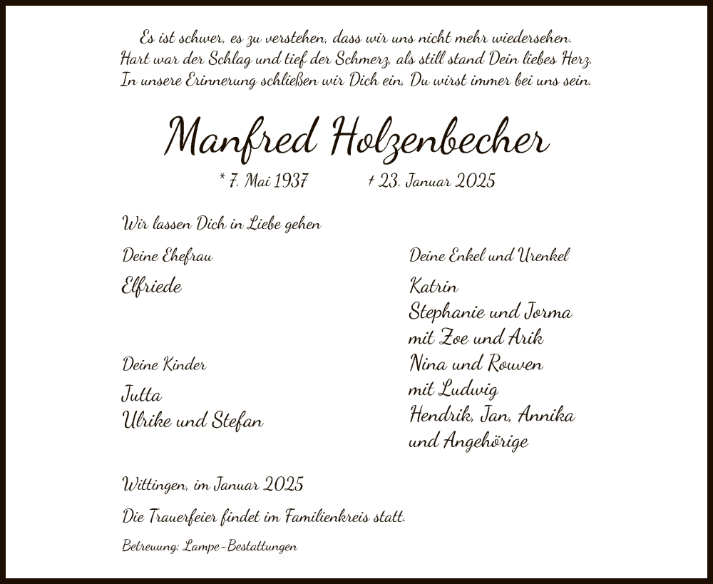  Traueranzeige für Manfred Holzenbecher vom 28.01.2025 aus UEL