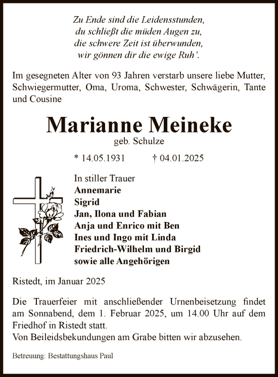 Traueranzeige von Marianne Meineke von UEL