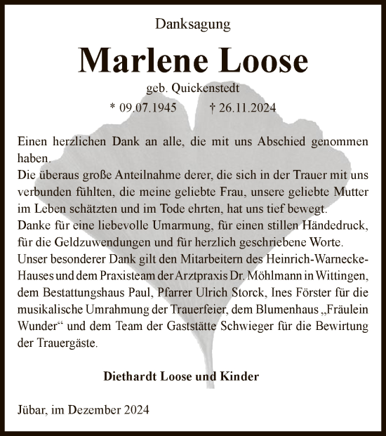 Traueranzeige von Marlene Loose von UEL