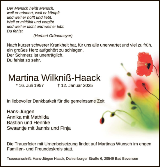 Traueranzeige von Martina Wilkniß-Haack von UEL