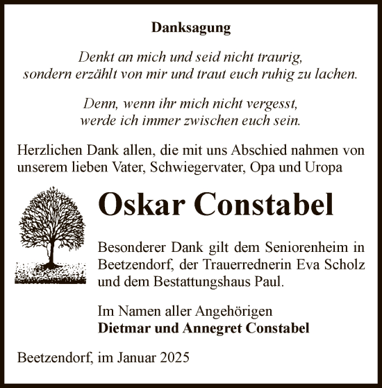 Traueranzeige von Oskar Constabel von UEL