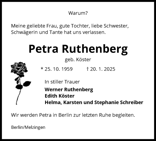Traueranzeige von Petra Ruthenberg von UEL
