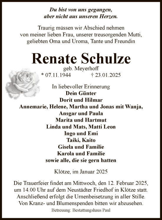Traueranzeige von Renate Schulze von UEL