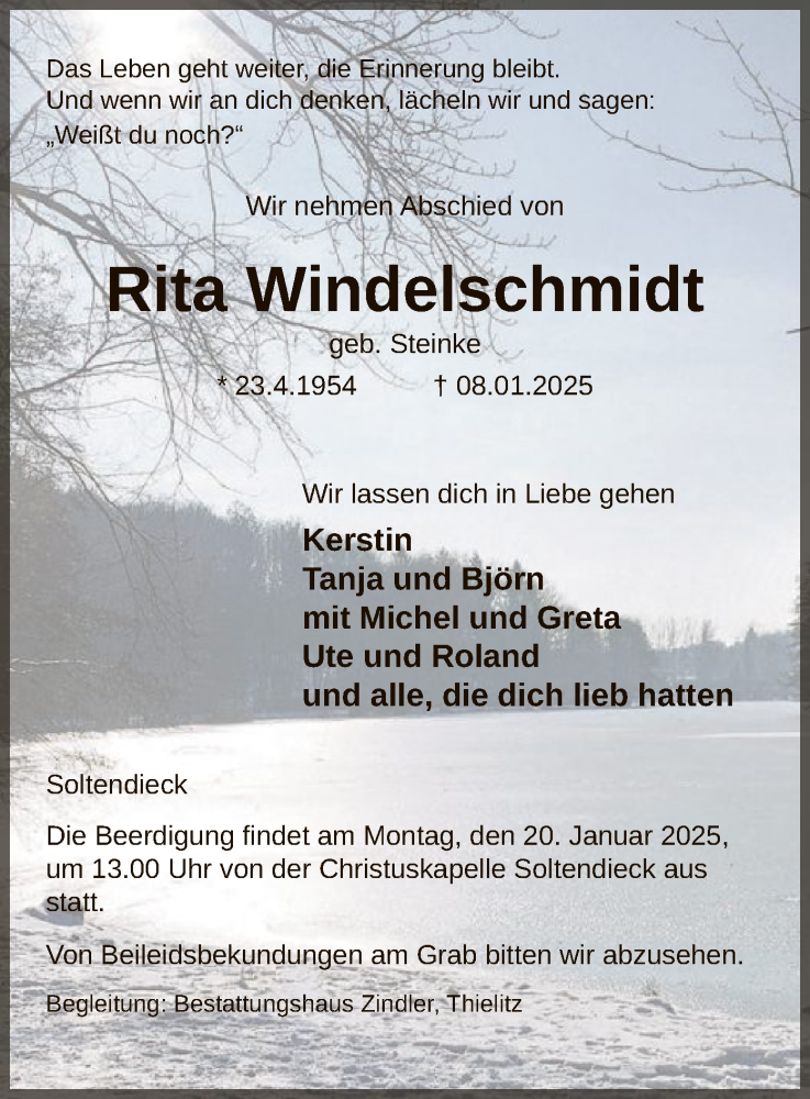  Traueranzeige für Rita Windelschmidt vom 15.01.2025 aus UEL