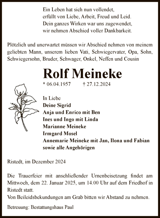 Traueranzeige von Rolf Meineke von UEL