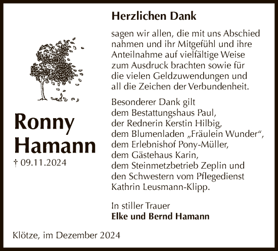 Traueranzeige von Ronny Hamann von UEL