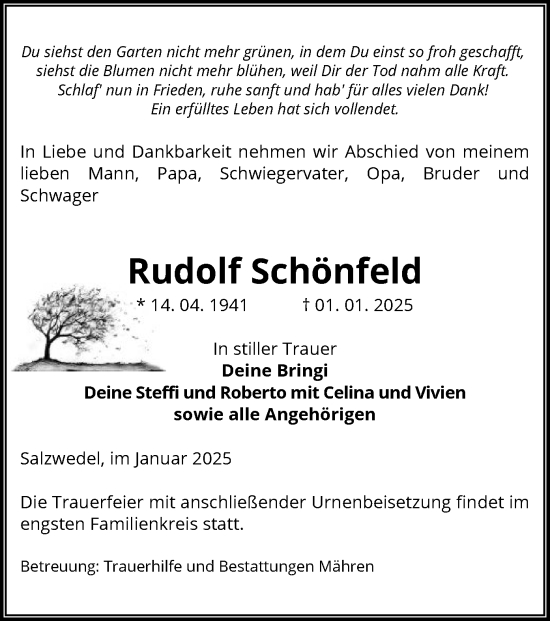 Traueranzeige von Rudolf Schönfeld von UEL
