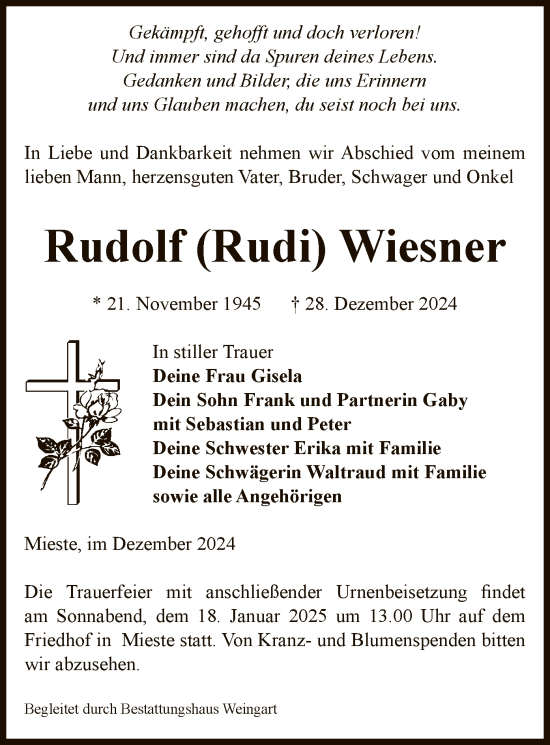 Traueranzeige von Rudolf  Wiesner von UEL