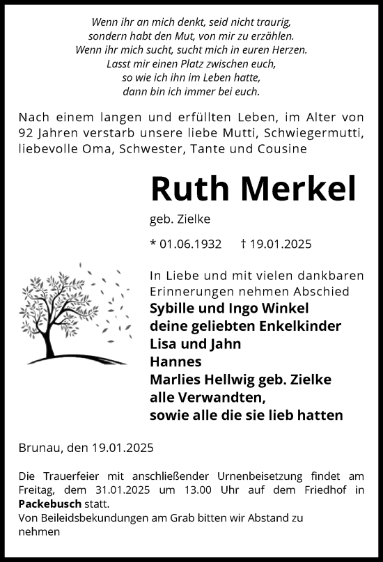 Traueranzeige von Ruth Merkel von UEL
