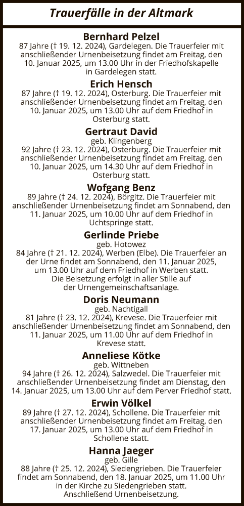 Traueranzeige von Sterbetafel vom 08.01.2025 von UEL