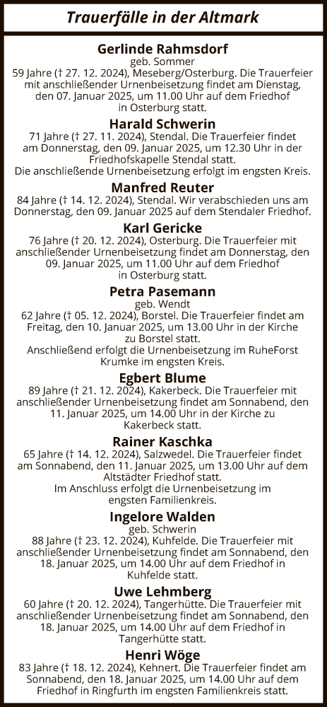 Traueranzeige von Totentafel vom 04.01.2025 von UEL