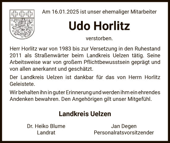 Traueranzeige von Udo Horlitz von UEL
