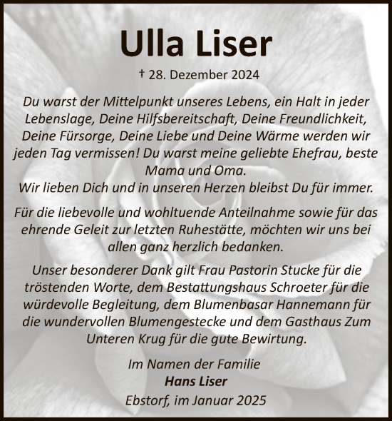 Traueranzeige von Ulla Liser von UEL