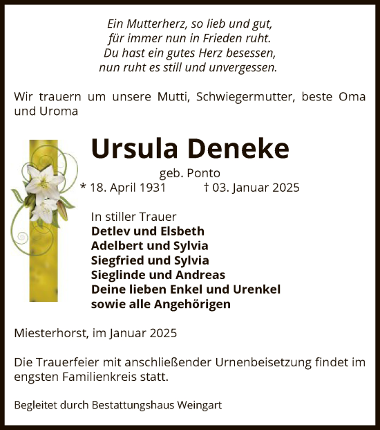 Traueranzeige von Ursula Deneke von UEL