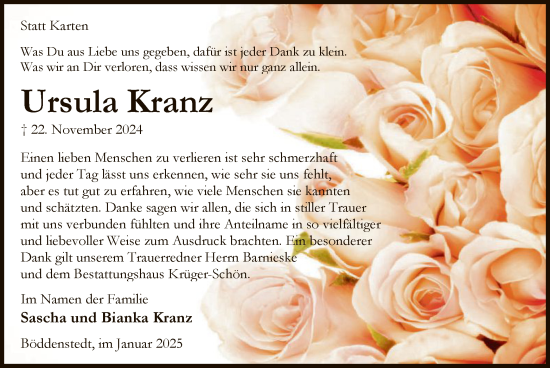 Traueranzeige von Ursula Kranz von UEL