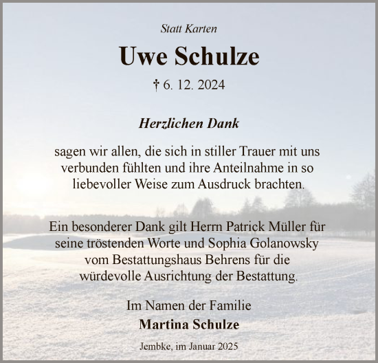 Traueranzeige von Uwe Schulze von UEL