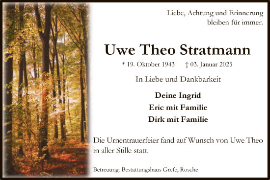 Traueranzeige von Uwe Theo Stratmann von UEL