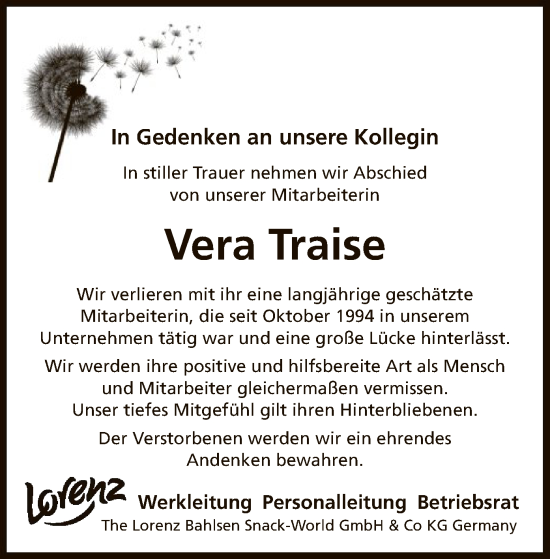 Traueranzeige von Vera Traise von UEL