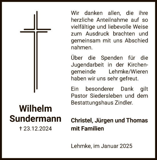 Traueranzeige von Wilhelm Sundermann von UEL