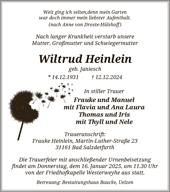 Traueranzeige von Wiltrud Heinlein von UEL